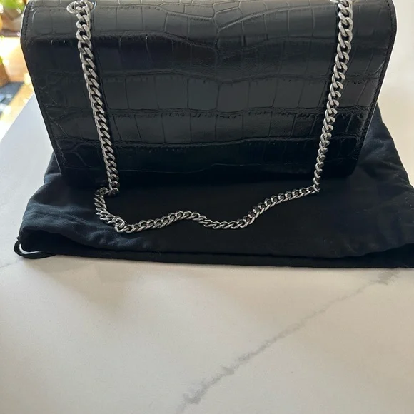 Saint Laurent Black Croc-Embossed Clutch with Silver Tassel - Picture 2 of 5